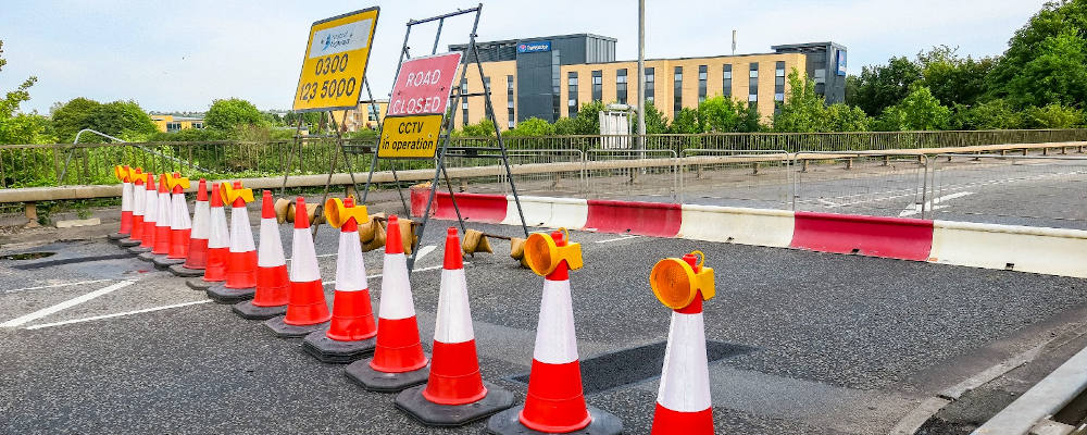 A432 Badminton Road M4 overbridge closure - closed road with cones and road signs. Photo courtesy of @RichMcD photography