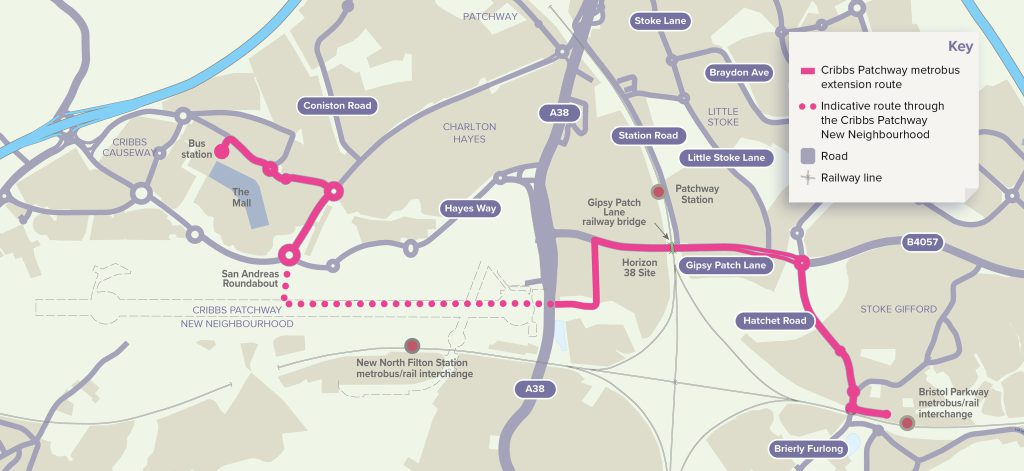 Map of the Cribbs Patchway metrobus extension route
