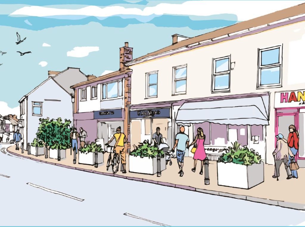 A visualisation drawing of an improved Hanham high street with new planters, signage, walking and cycling facilities etc