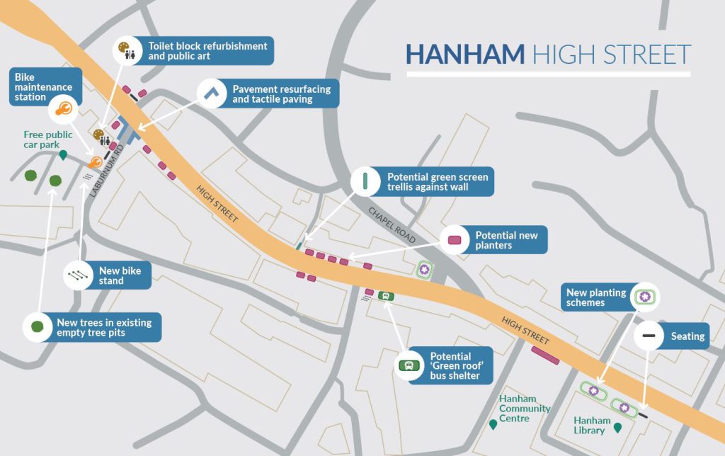 An illustrative map showing the proposed locations along Hanham High Street of the planned streetscape improvements