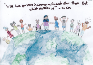 A child's piece of work with the world and Jesus holding hands with people