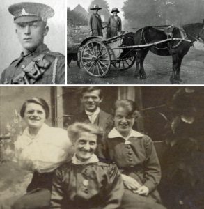 Three images. A soldier, a horse drawn carriage and a family of 4.